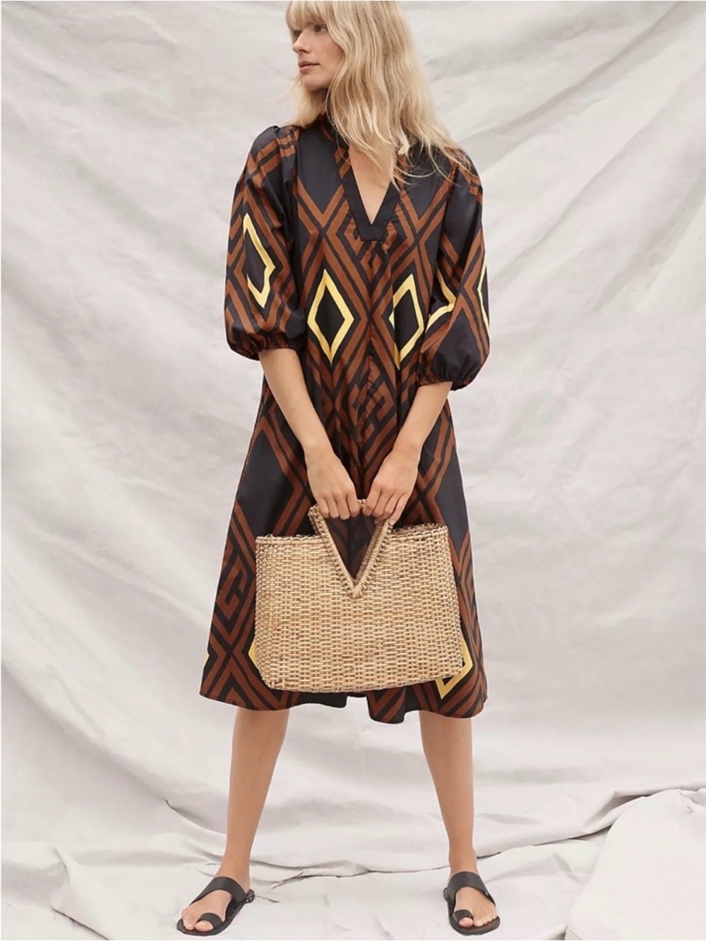 NWT PORRIDGE Anthropologie Geometric Print V-Neck Midi Dress Size XS